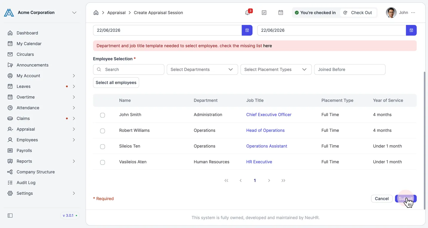 Submit appraisal session