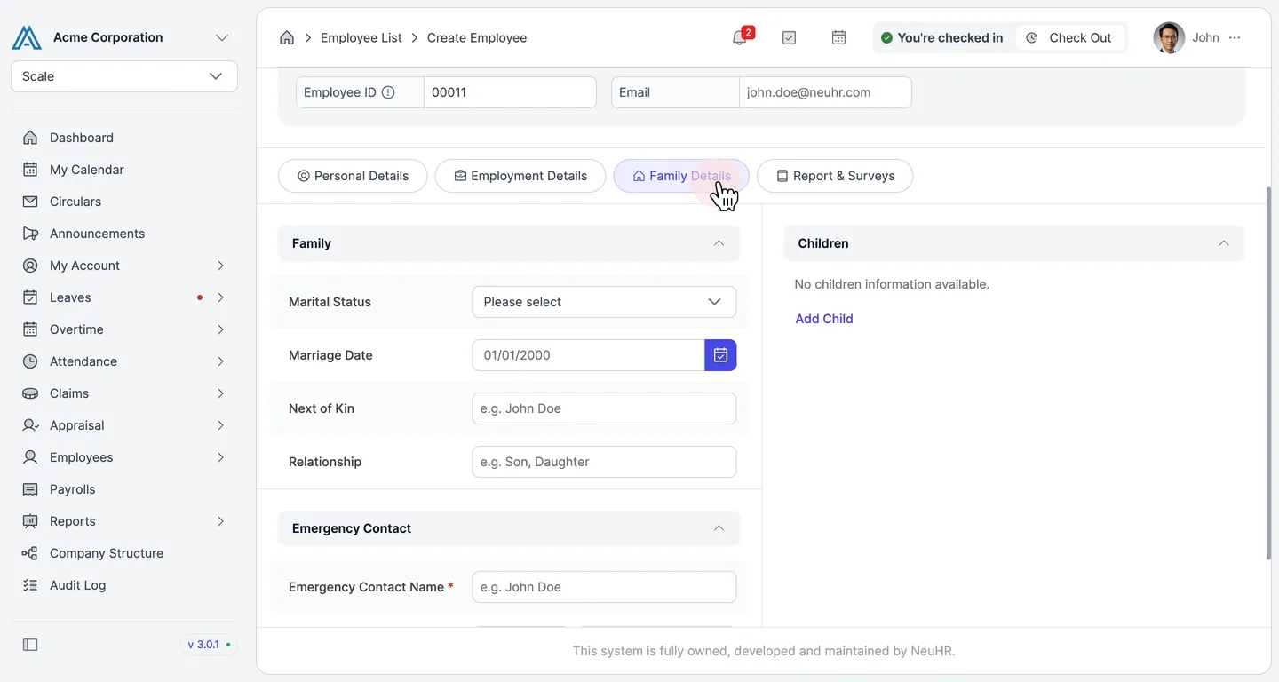 Family Details tab showing Family, Children and Emergency Contact sections