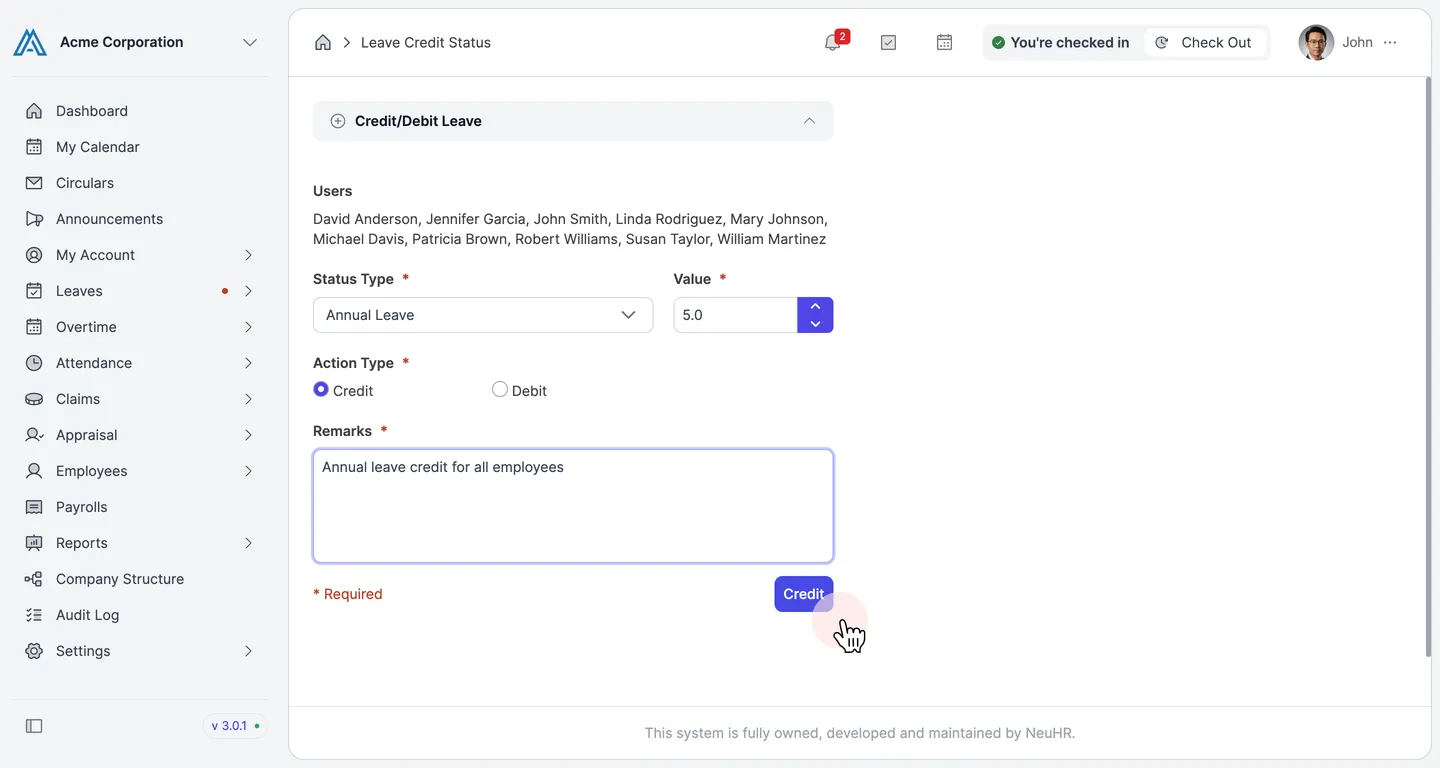 Completed form with Status Type, Value, Action Type Credit, and Remarks filled in