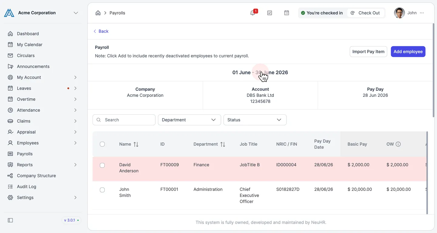 View the newly created payroll with employees listed