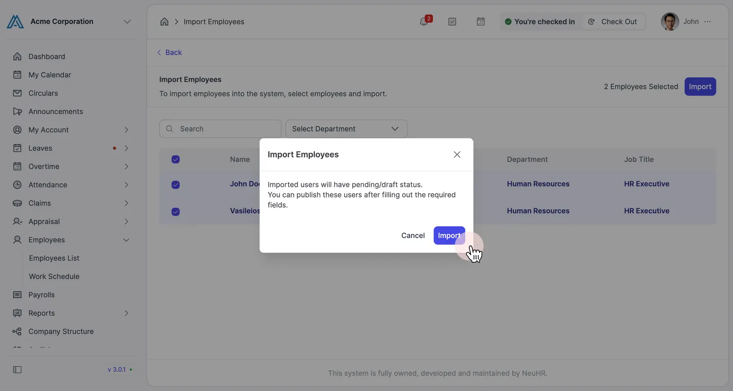 Import confirmation dialog with pending/draft status notice