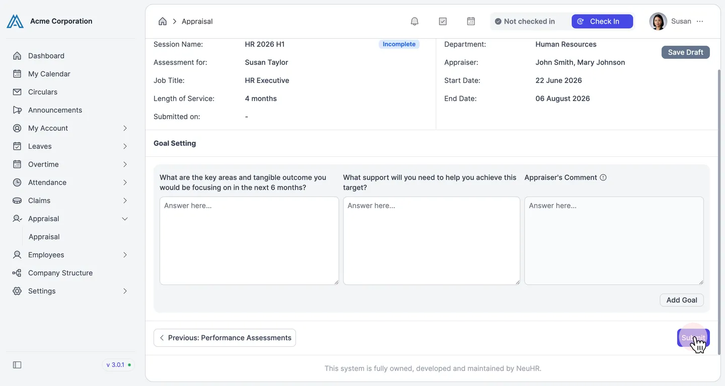 Goal Setting section with Submit button