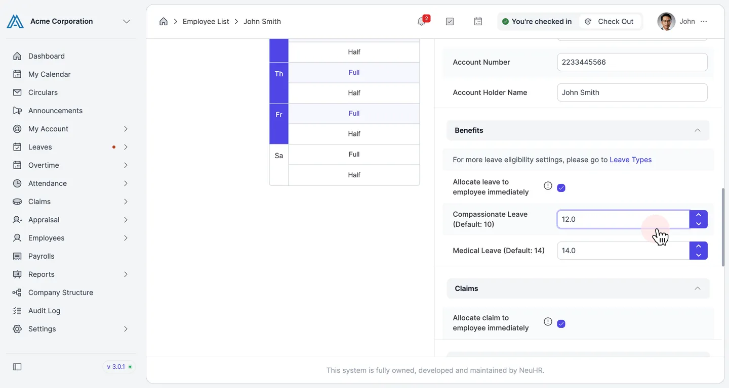 Compassionate Leave field updated to 12.0