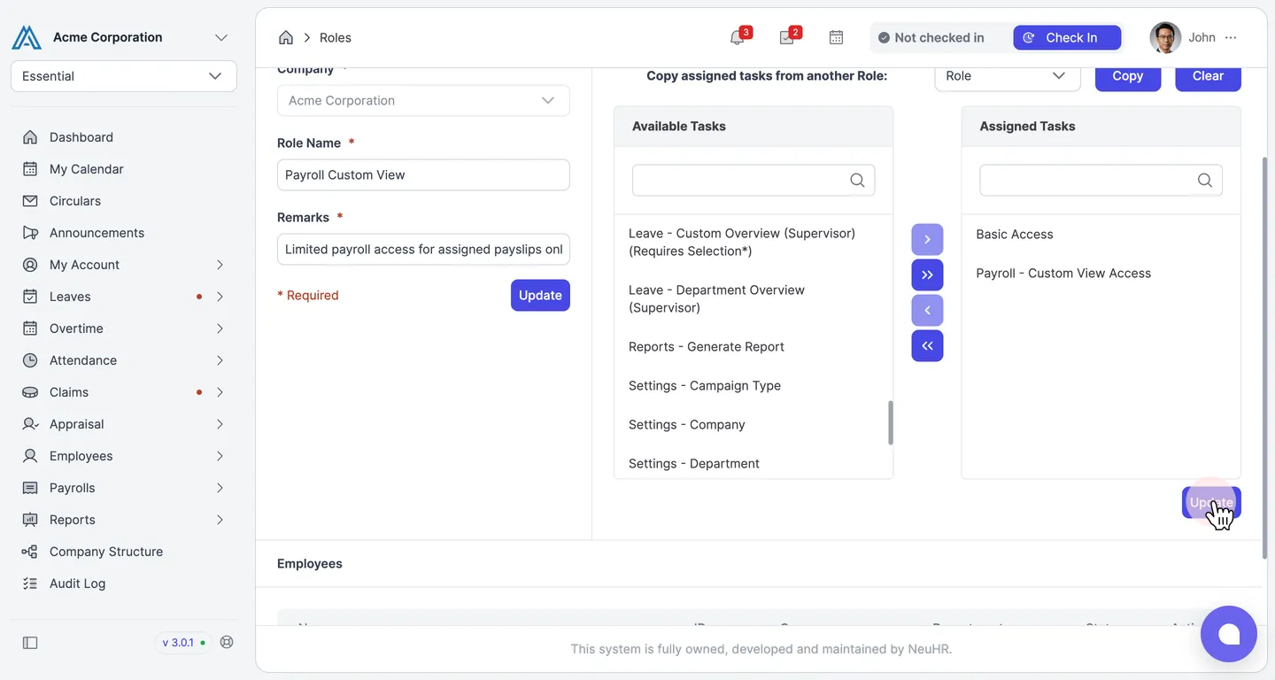 Payroll - Custom View Access moved to Assigned Tasks