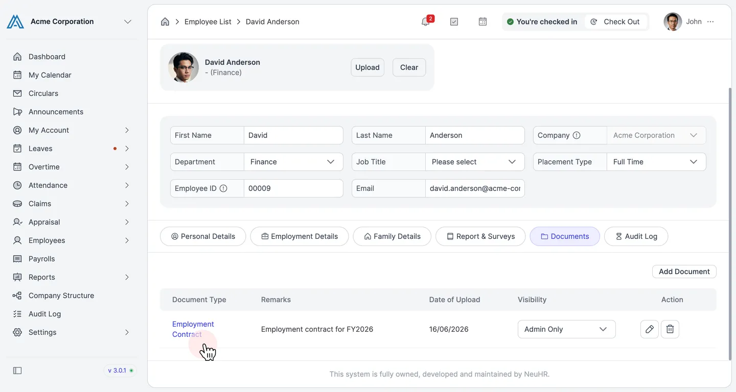 Documents tab showing the newly uploaded Employment Contract entry