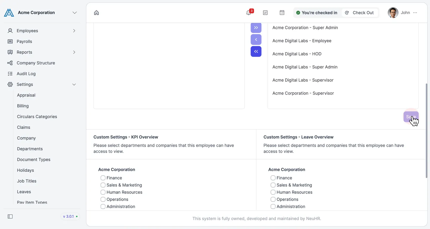 Role Settings page showing updated Assigned Roles panel with the Save button