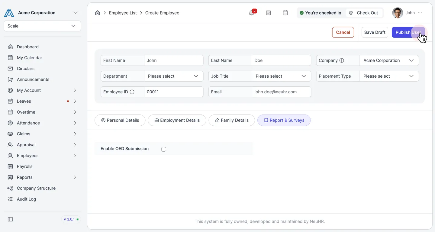Report & Surveys tab with Save Draft and Publish User buttons highlighted