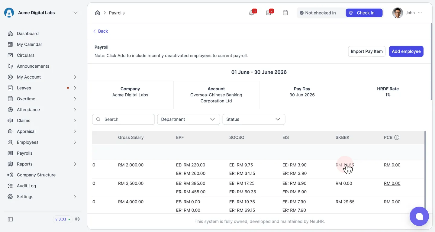 SKBBK column for the employee in the payroll detail