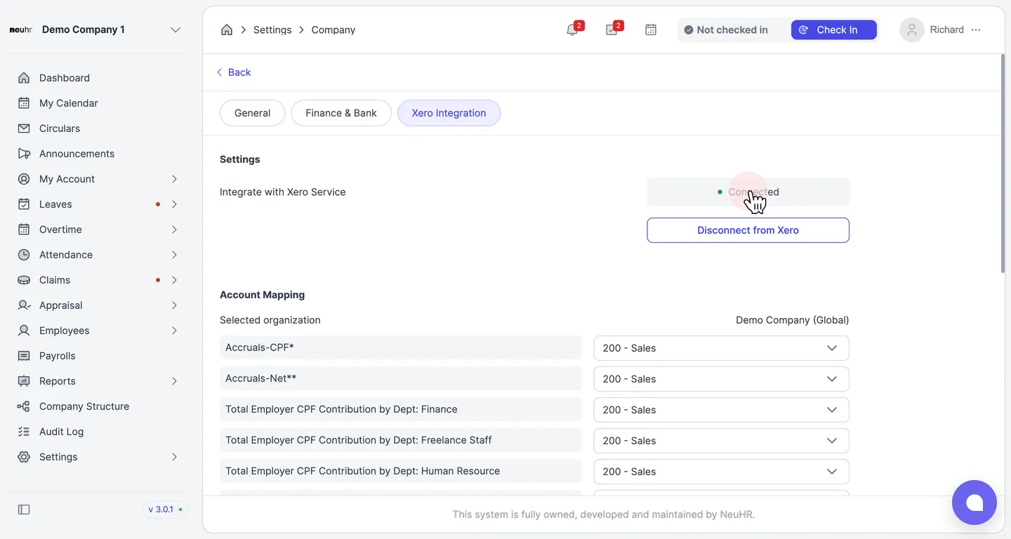 Xero integration connected