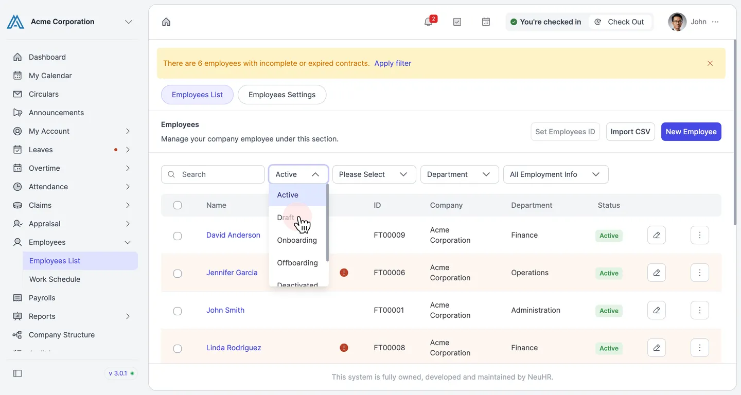 Employees List status dropdown open with Draft option highlighted