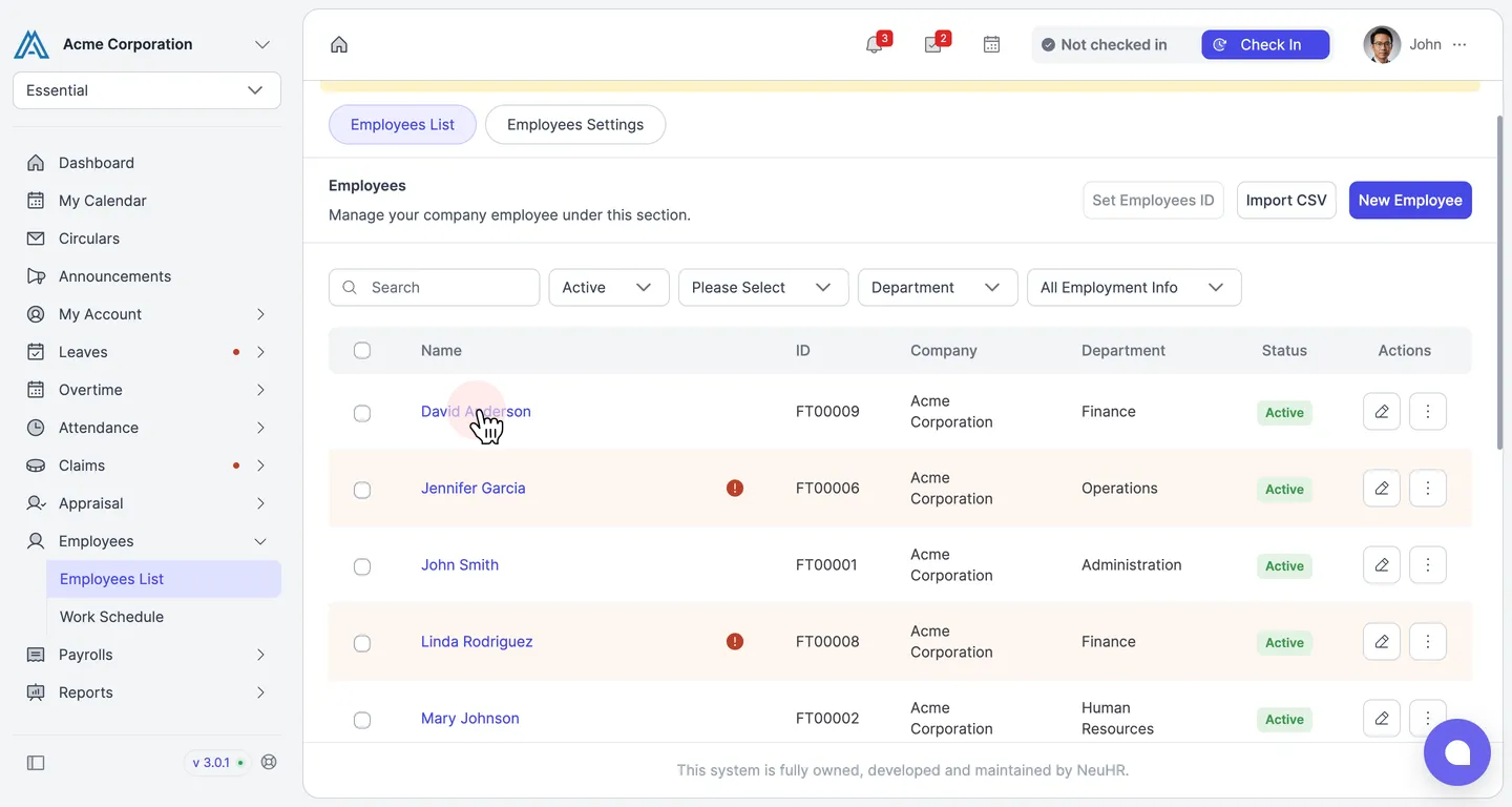 Employees list with a staff member selected