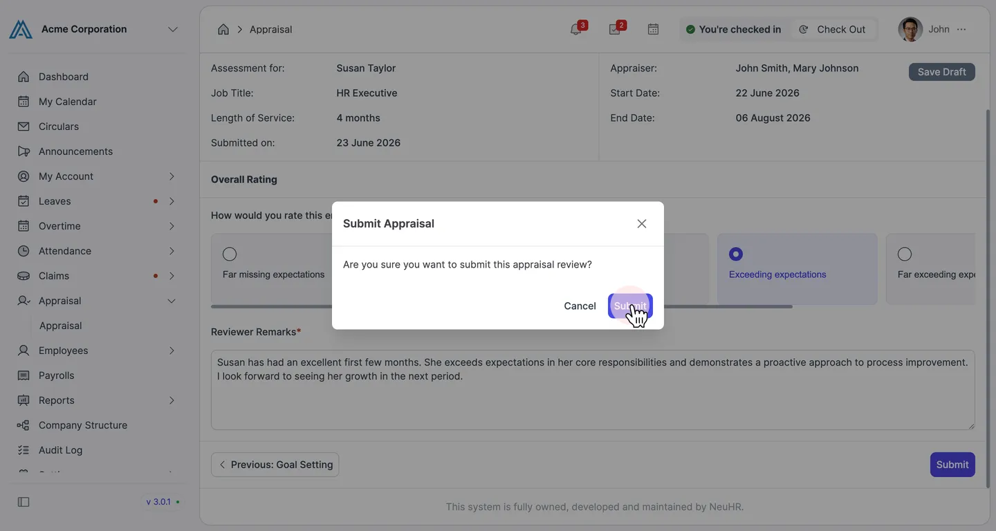 Submit Appraisal confirmation dialog
