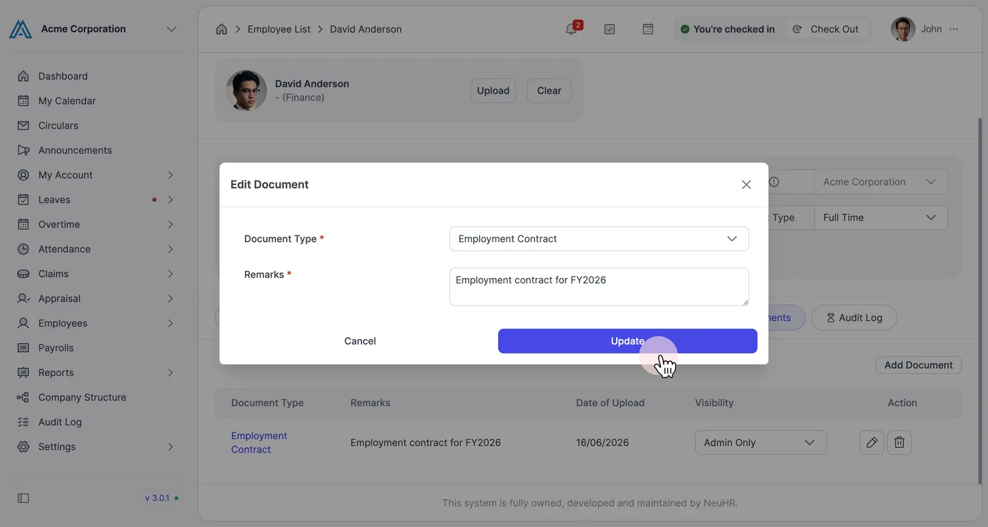 Edit Document dialog with Update button highlighted