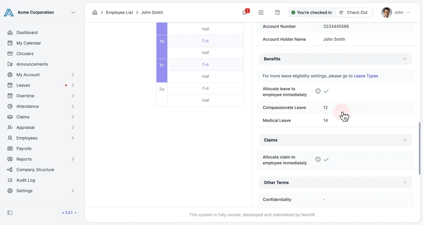 Employee view mode showing Benefits section with Compassionate Leave updated to 12