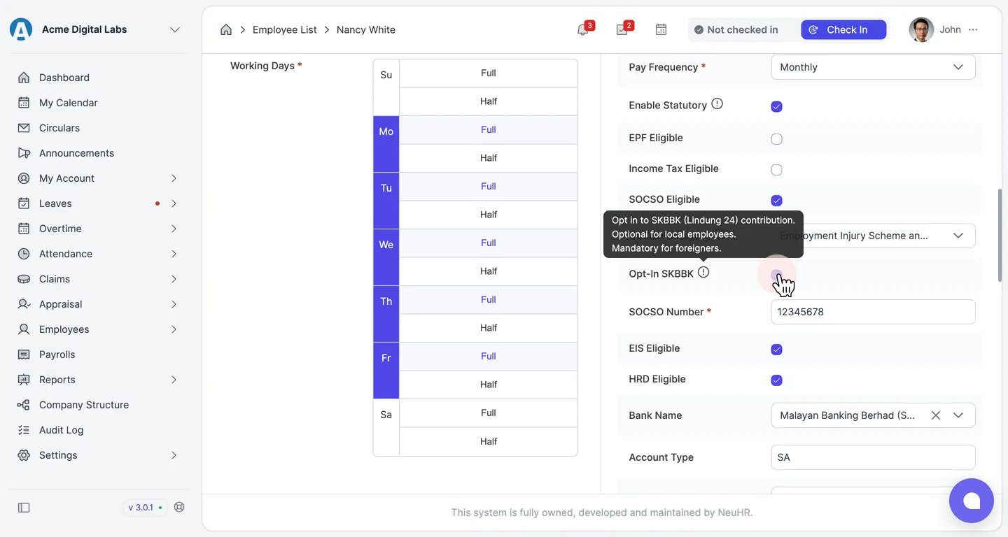 Disabled Opt-In SKBBK checkbox with tooltip for a foreign employee
