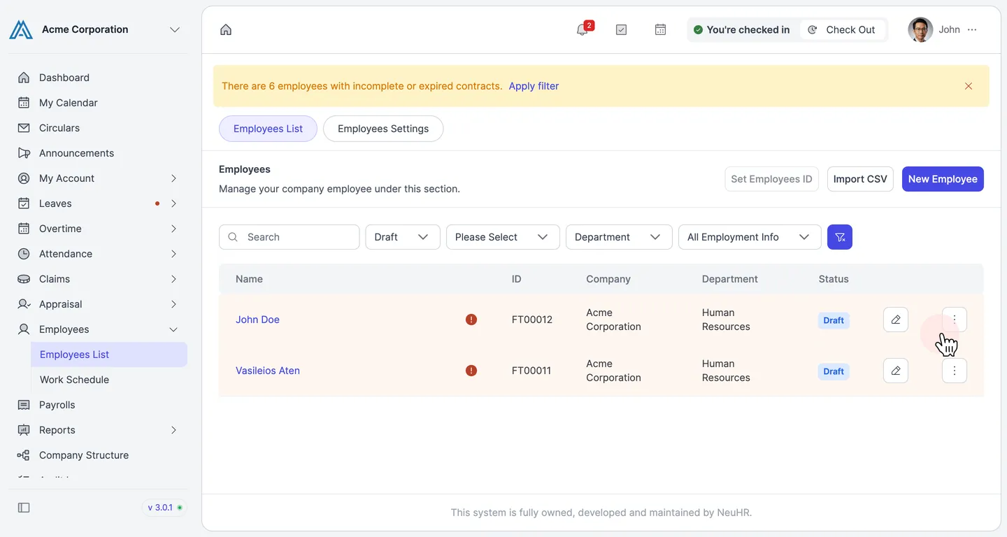 Employees List filtered by Draft showing John Doe and Vasileios Aten