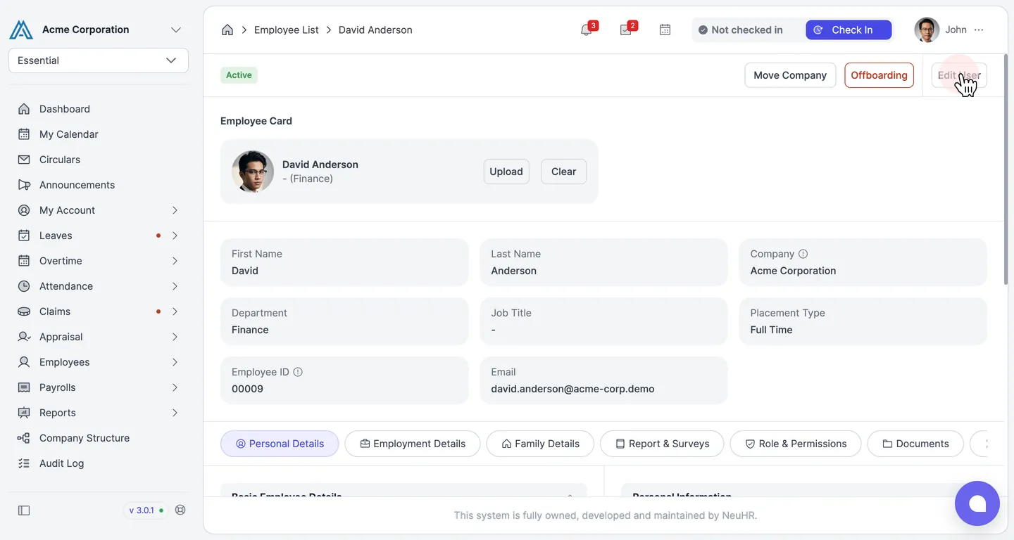 Employee profile with the Edit User button