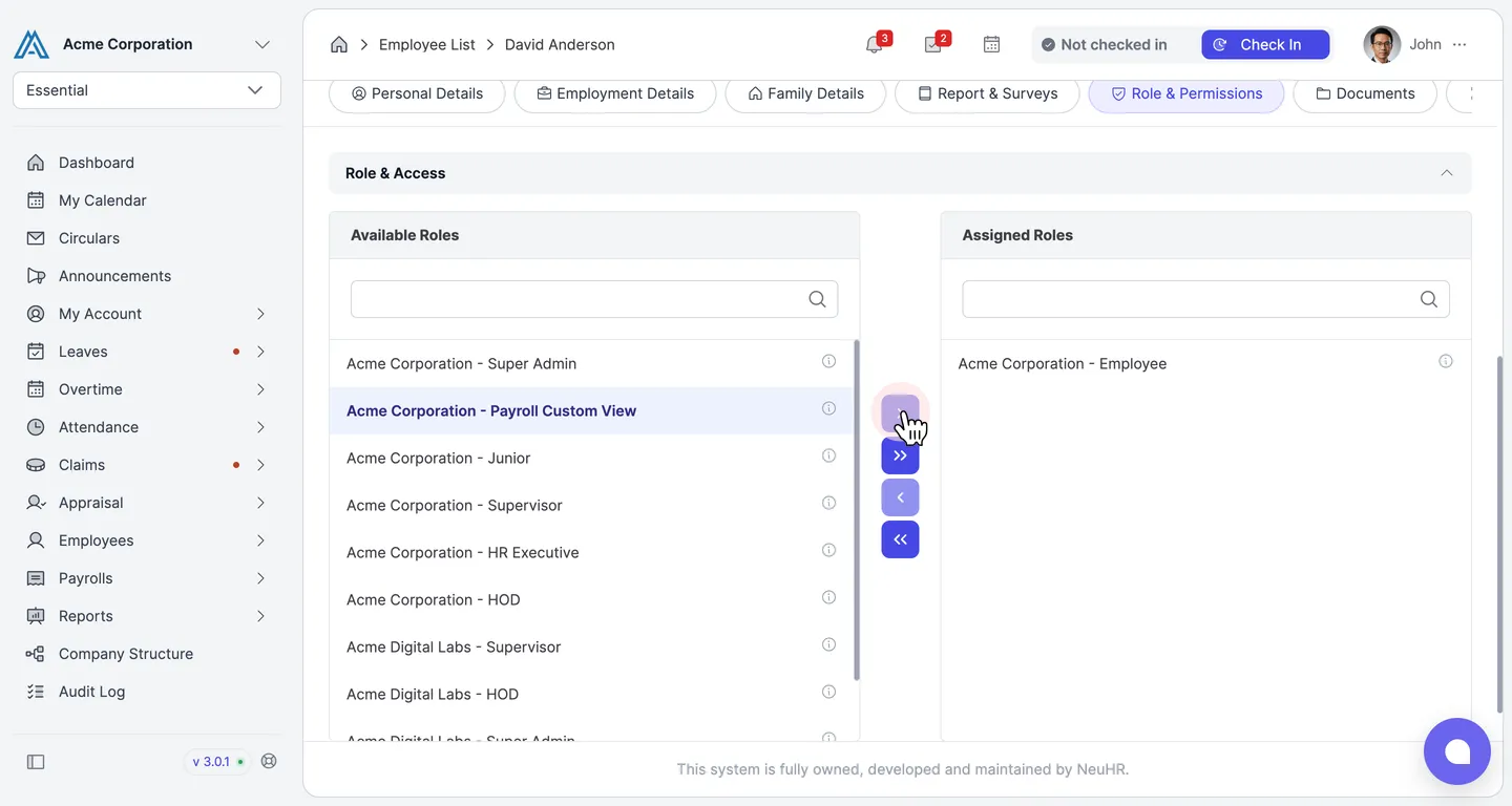 Payroll Custom View selected in Available Roles